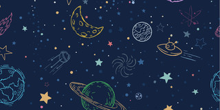 卡通科幻星球太空简笔画平铺手账矢量展板背景